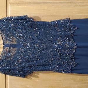 Passaro Nights Navy blue embellished beaded mesh bodice evening gown